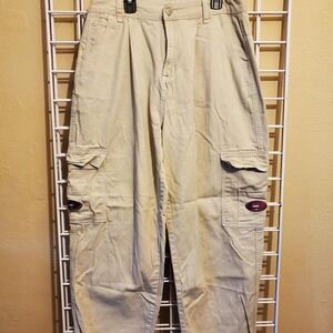 SHEIN WOMENS HIGH WAISTED‎ PATCHED DETAIL FLAP POCKET WIDE LEG JEANS BEIGE